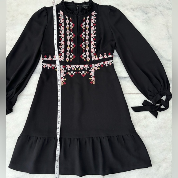 Ann Taylor Embroidered Dress Black Tie Sleeve Split Neck Size 0P - Picture 10 of 14